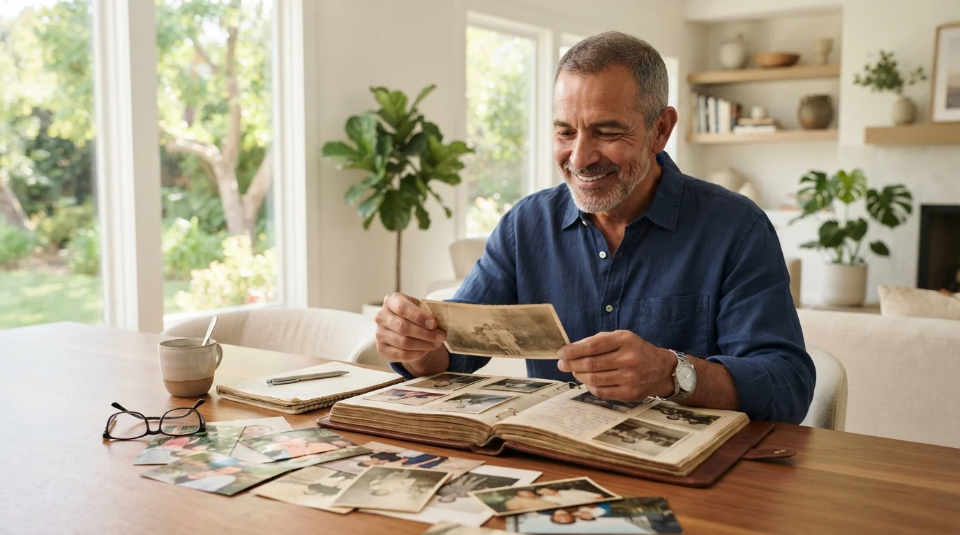 An older man smiling while looking through an old family photo album
